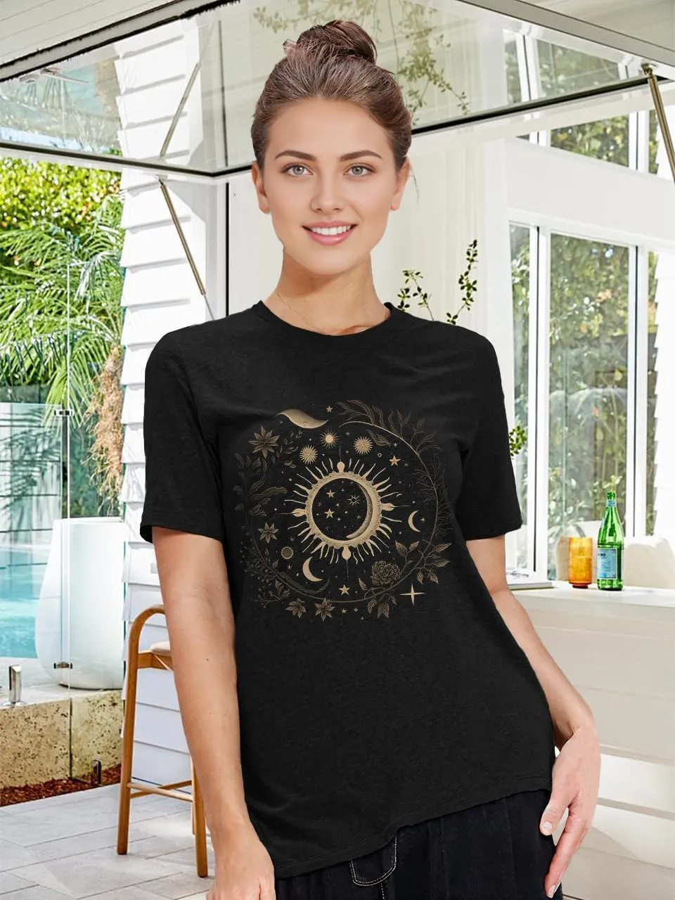 MZEAZRK Women Mystic Moon and Sun Flower Shirt Boho Wildflower Celestial Moon Graphic T Shirts Short Sleeve Tops