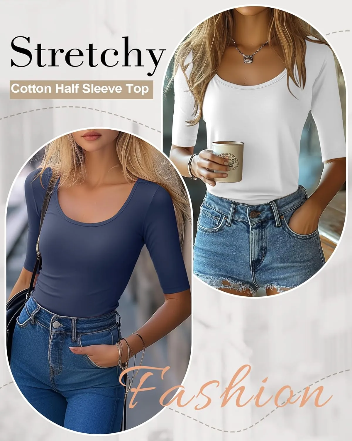 Neer 3 Pack Women's Scoop Neck Stretchy Tops Cotton Half Sleeve Slim Fitted T-Shirts Tight Casual Basic Summer Tees