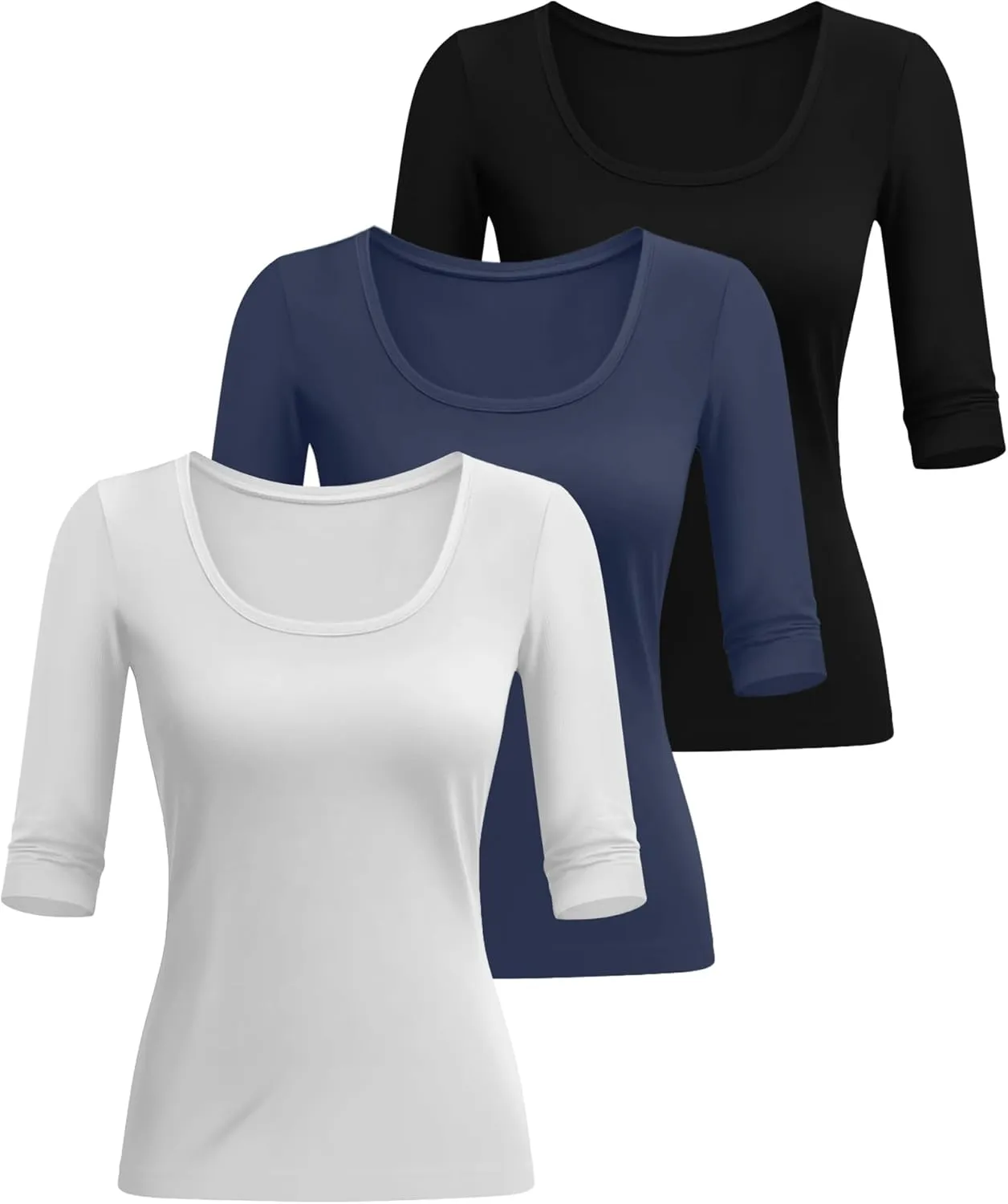 Neer 3 Pack Women's Scoop Neck Stretchy Tops Cotton Half Sleeve Slim Fitted T-Shirts Tight Casual Basic Summer Tees