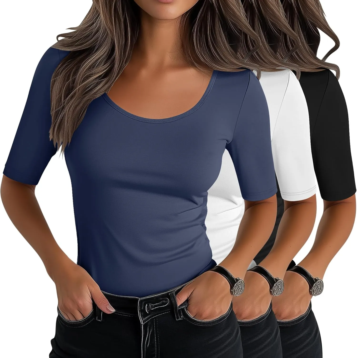 Neer 3 Pack Women's Scoop Neck Stretchy Tops Cotton Half Sleeve Slim Fitted T-Shirts Tight Casual Basic Summer Tees