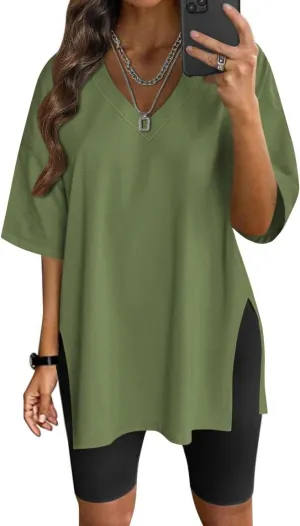 Neweek Womens Oversized Workout T Shirts Short Sleeve V Neck Side Slit T-Shirt Summer Casual Basic Tee Tops Loose Fit