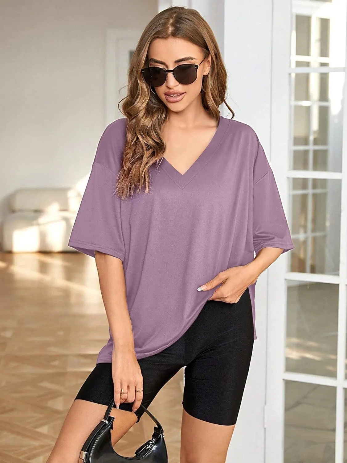 Neweek Womens Oversized Workout T Shirts Short Sleeve V Neck Side Slit T-Shirt Summer Casual Basic Tee Tops Loose Fit
