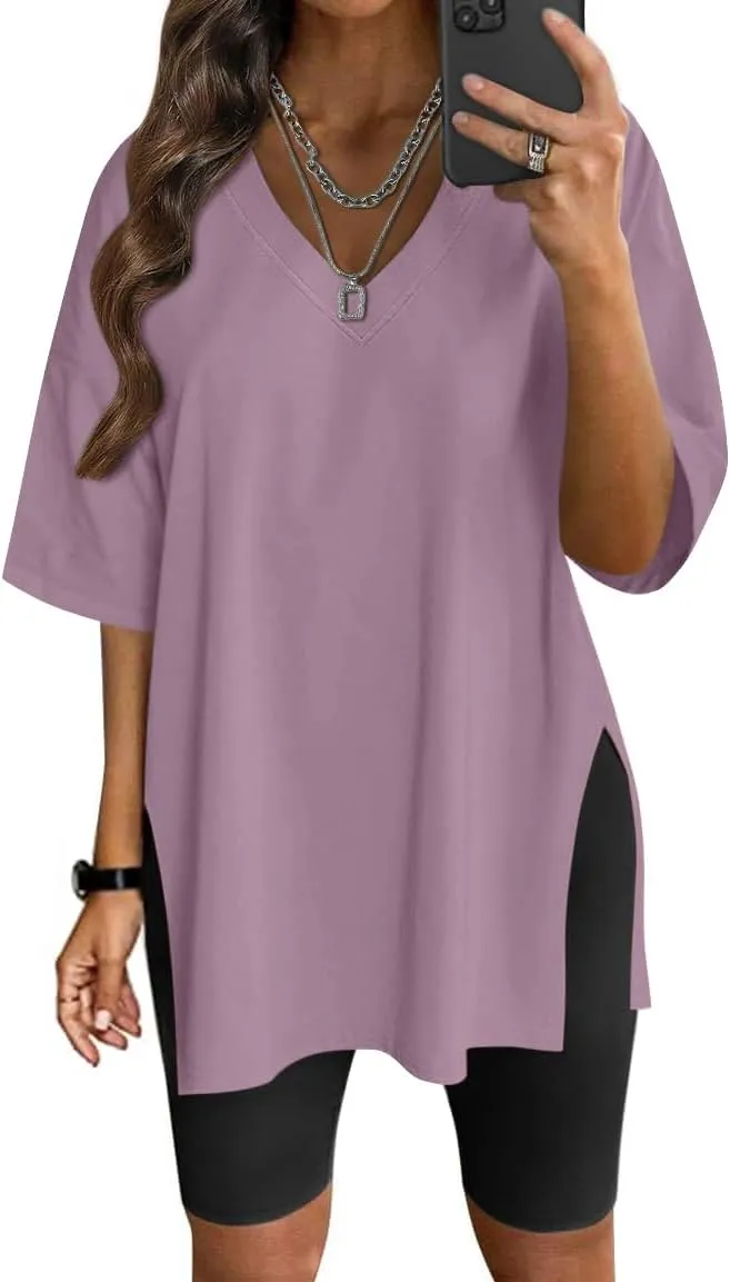 Neweek Womens Oversized Workout T Shirts Short Sleeve V Neck Side Slit T-Shirt Summer Casual Basic Tee Tops Loose Fit