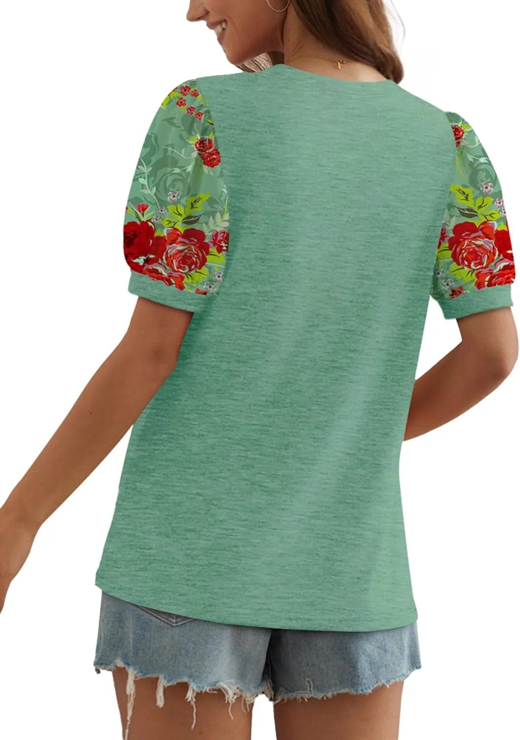 OFEEFAN Womens Summer Tops Pleated Swiss Dot Puff Sleeve Crew Neck T Shirts Loose Casual S-3XL