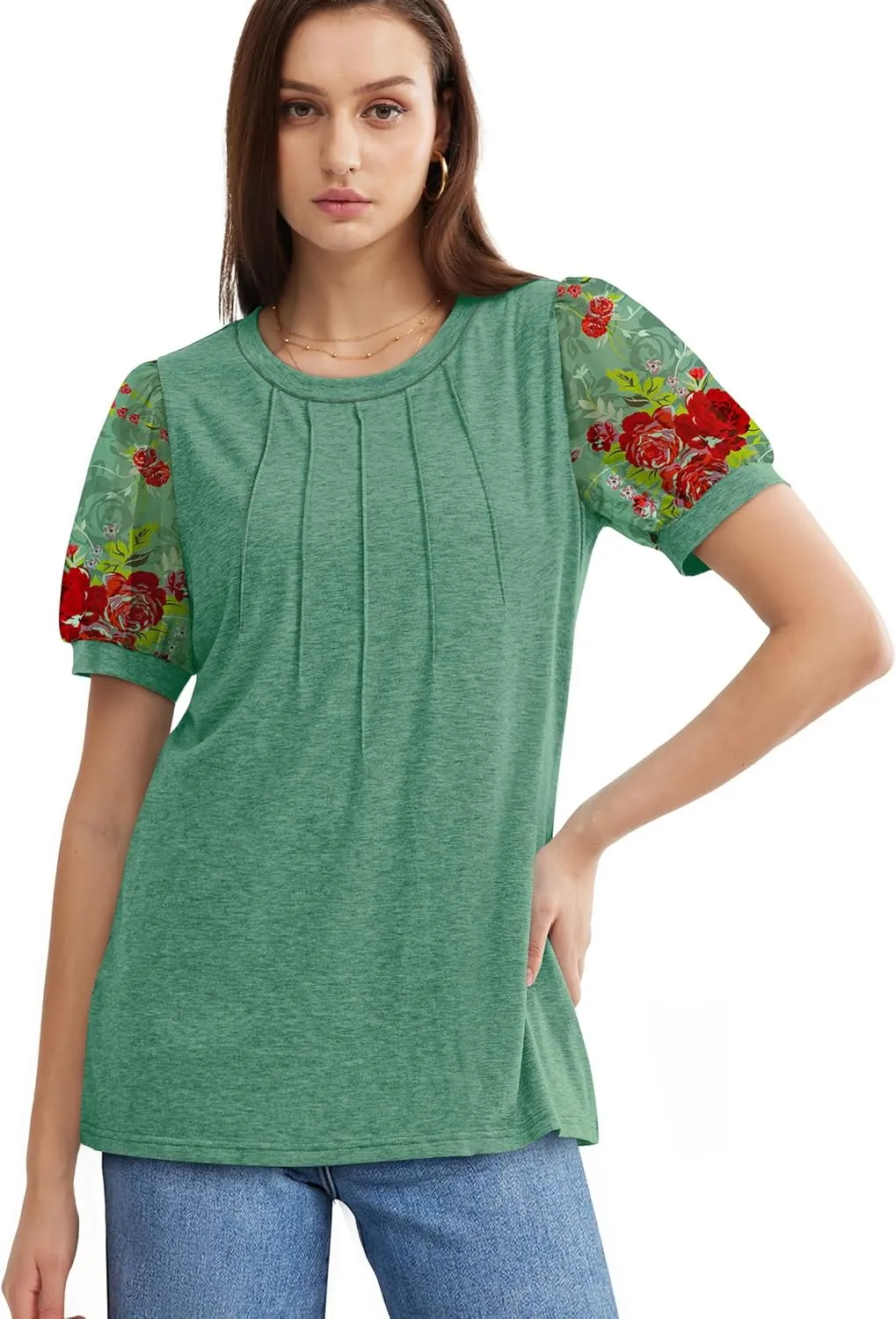 OFEEFAN Womens Summer Tops Pleated Swiss Dot Puff Sleeve Crew Neck T Shirts Loose Casual S-3XL