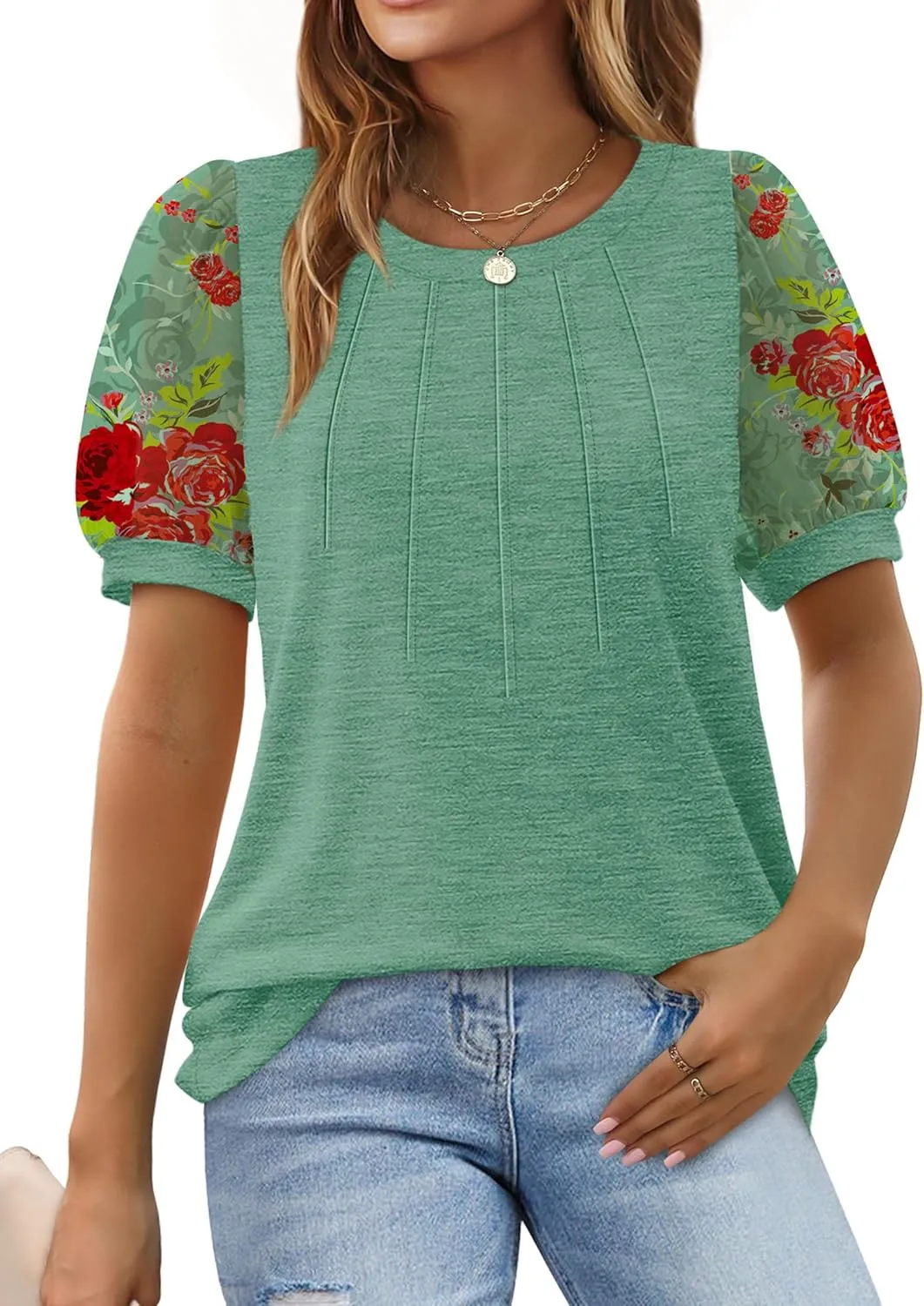 OFEEFAN Womens Summer Tops Pleated Swiss Dot Puff Sleeve Crew Neck T Shirts Loose Casual S-3XL