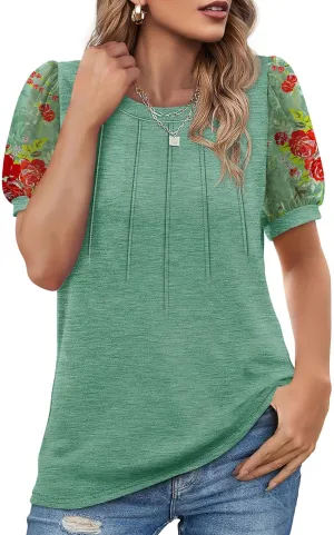 OFEEFAN Womens Summer Tops Pleated Swiss Dot Puff Sleeve Crew Neck T Shirts Loose Casual S-3XL