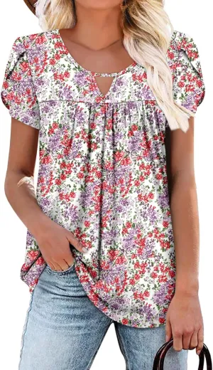 onlypuff Womens T Shirts Short Sleeve Pleated Floral Tunic Tops Dressy Casual Crew Neck Summer Boho Tops Blouses
