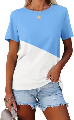 ORANDESIGNE Women's Color Block Short Sleeve T Shirts Casual Crew Neck Tops Basic Summer Loose Fit Tees