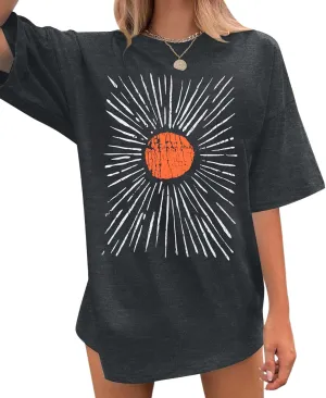 Oversized Sunshine Shirt Women Vintage Sun Print Graphic Tee Hiking T-Shirts Boho Summer Short Sleeve Top
