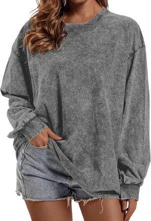 Oversized Vintage Long Sleeve Tees for Women Acid Wash T Shirts Casual Loose Fit Basic Crewneck Tops
