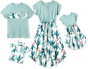 PATPAT Family Matching Outfits Short Sleeve Belted Spliced Pattern Print Dresses and Casual T-Shirts Matching Sets