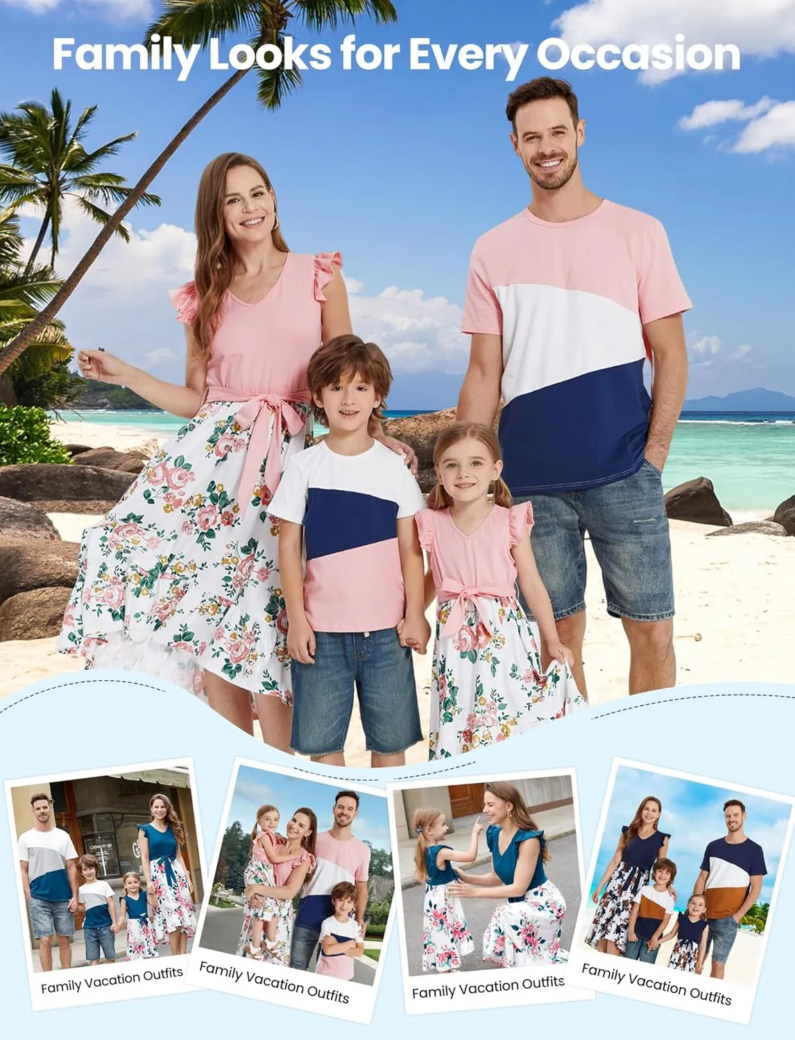 PATPAT Family Matching Outfits Summer Beach Tropical Holiday Ruffle Sleeve Mommy and Me Dresses and T-Shirts Sets