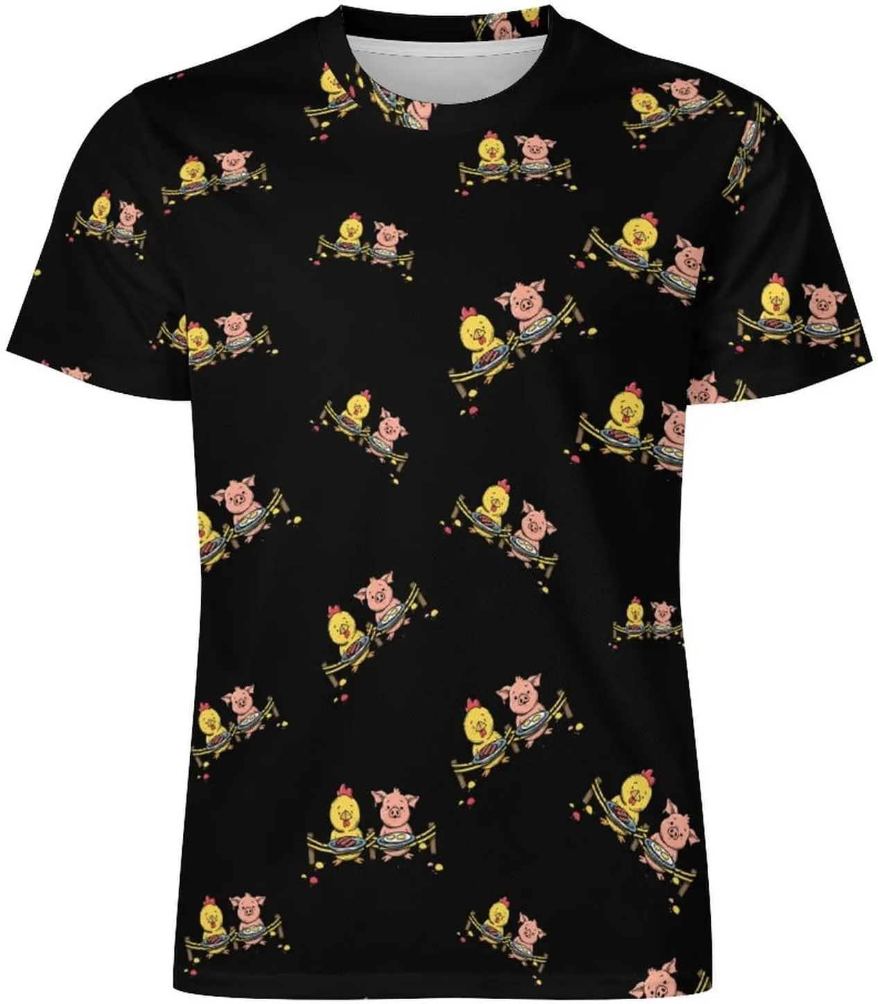Piggy and Chicken Funny Food Men's Short Sleeve Tee Casual Crew Neck T-Shirts Summer Workout Tops Graphic