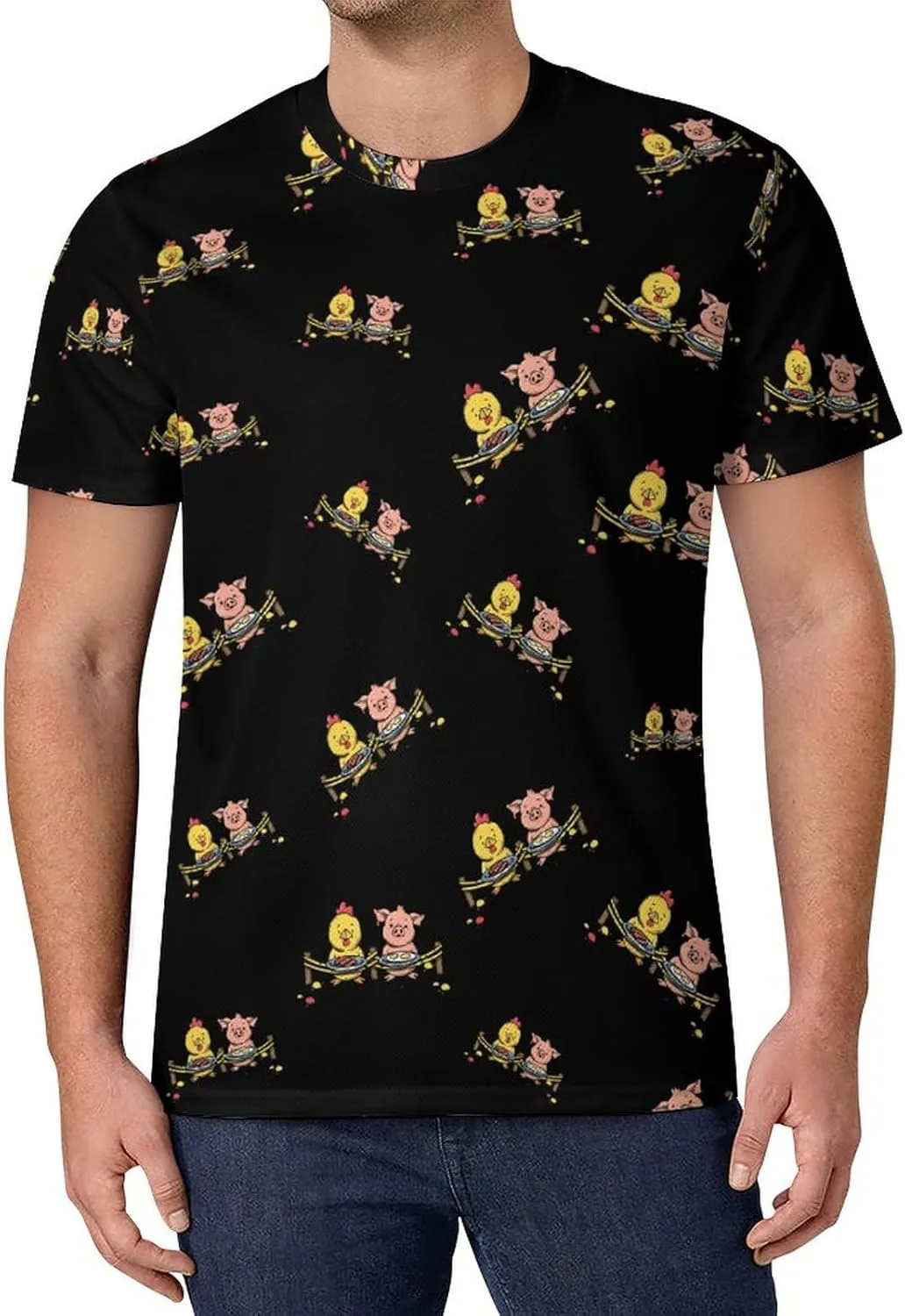 Piggy and Chicken Funny Food Men's Short Sleeve Tee Casual Crew Neck T-Shirts Summer Workout Tops Graphic