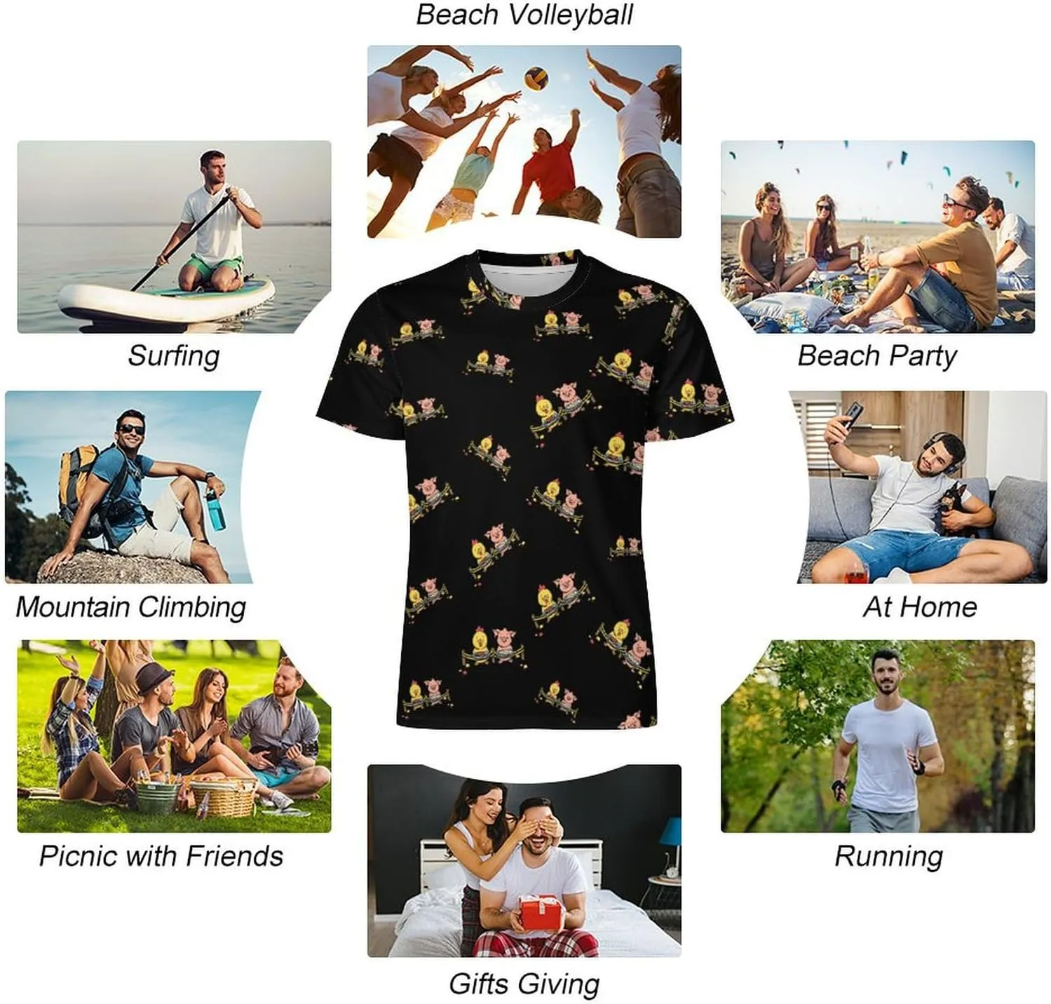 Piggy and Chicken Funny Food Men's Short Sleeve Tee Casual Crew Neck T-Shirts Summer Workout Tops Graphic
