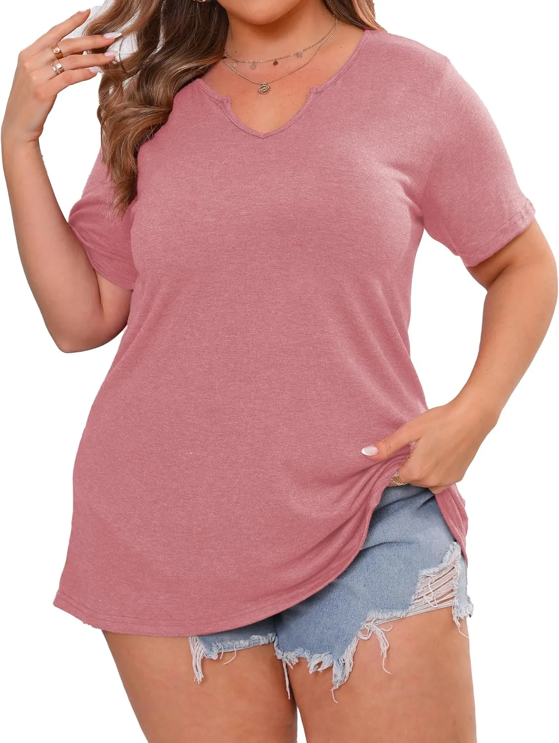 Plus Size Notch V Neck T Shirts Women Short Sleeve Tops Casual Summer Tshirts Loose Fit Tee