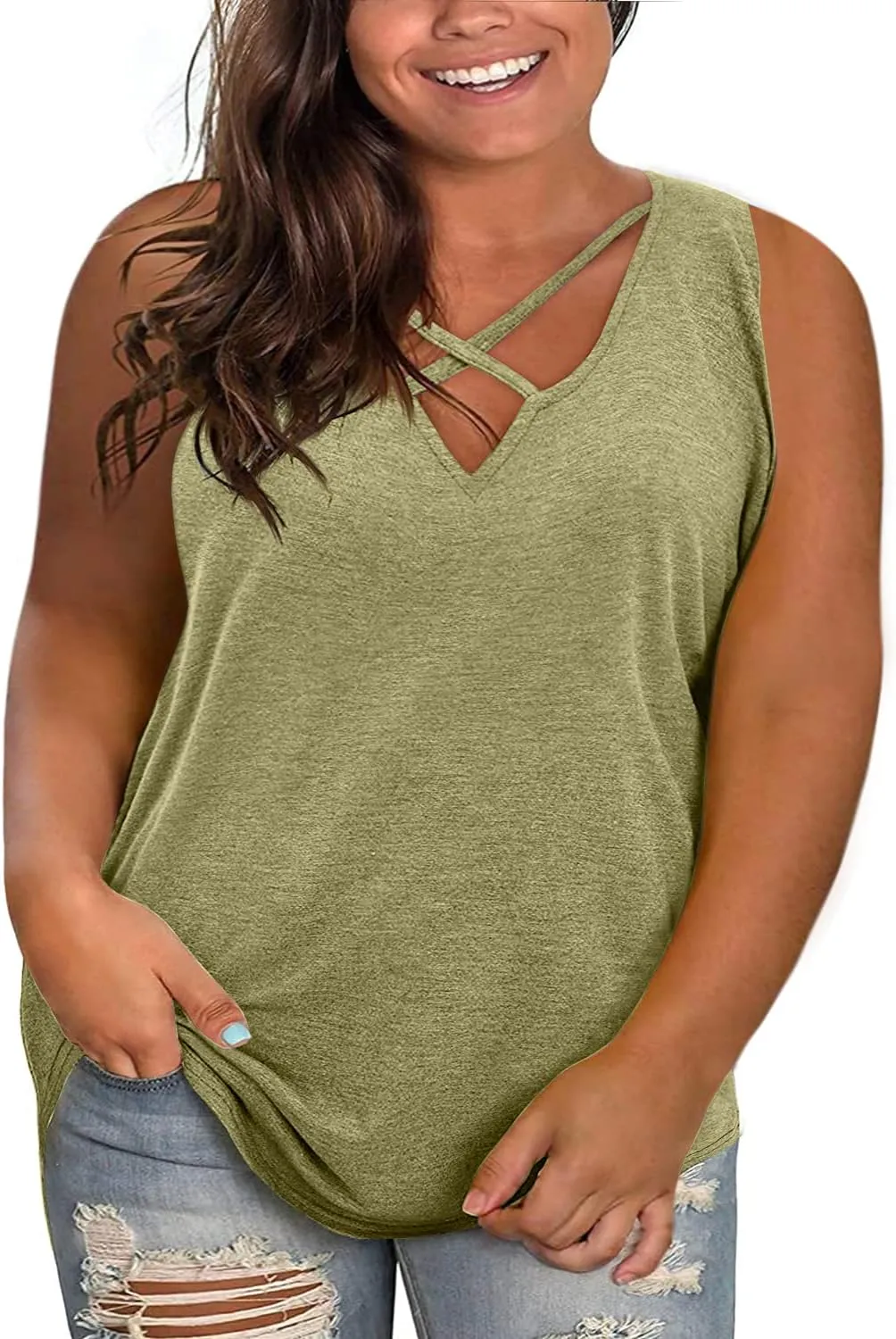 Plus Size Tank Tops for Women Summer Sleeveless Sexy V Neck T-Shirts Tops Casual Loose Cotton Tees