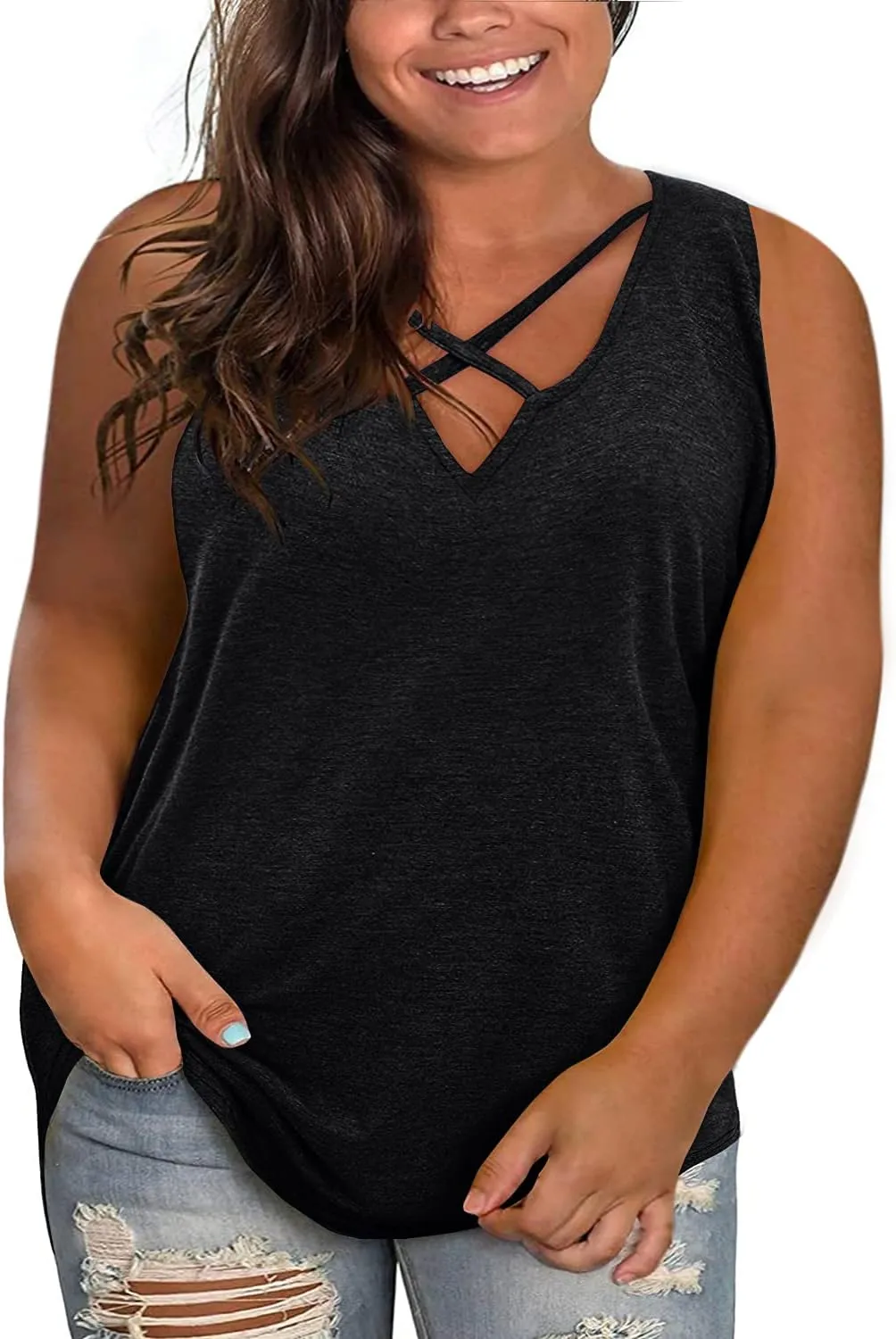 Plus Size Tank Tops for Women Summer Sleeveless Sexy V Neck T-Shirts Tops Casual Loose Cotton Tees