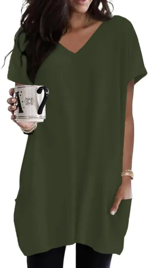 Poetsky Summer Womens Tunic Tops for Leggings with Pockets Vneck Short Sleeve Casual Long T Shirts S-3XL