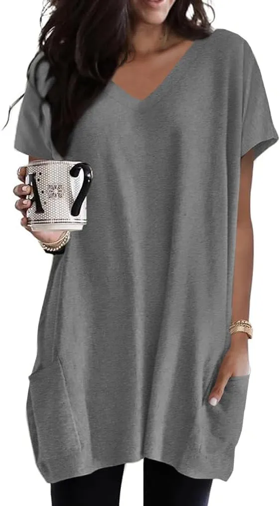 Poetsky Summer Womens Tunic Tops for Leggings with Pockets Vneck Short Sleeve Casual Long T Shirts S-3XL