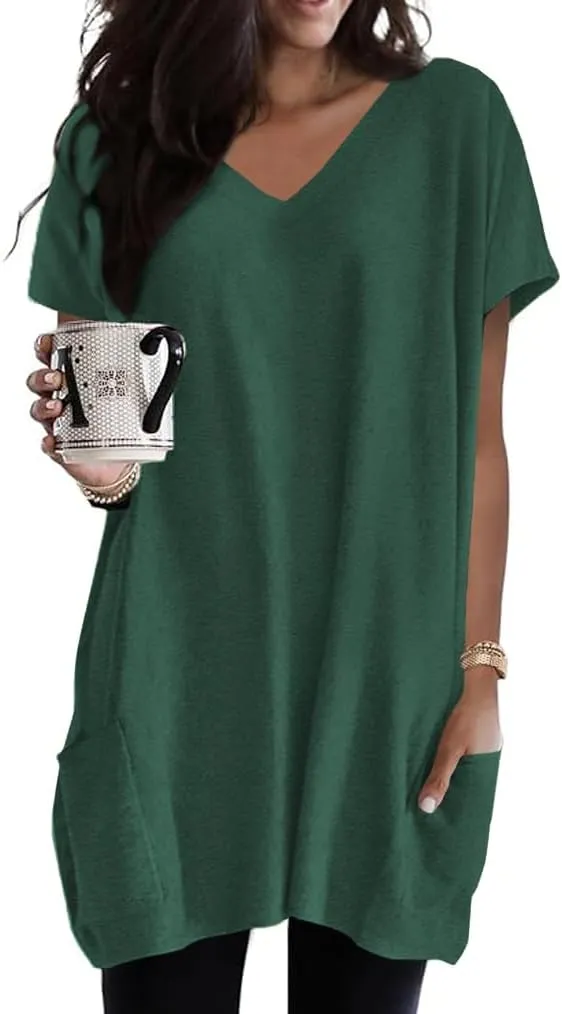 Poetsky Summer Womens Tunic Tops for Leggings with Pockets Vneck Short Sleeve Casual Long T Shirts S-3XL