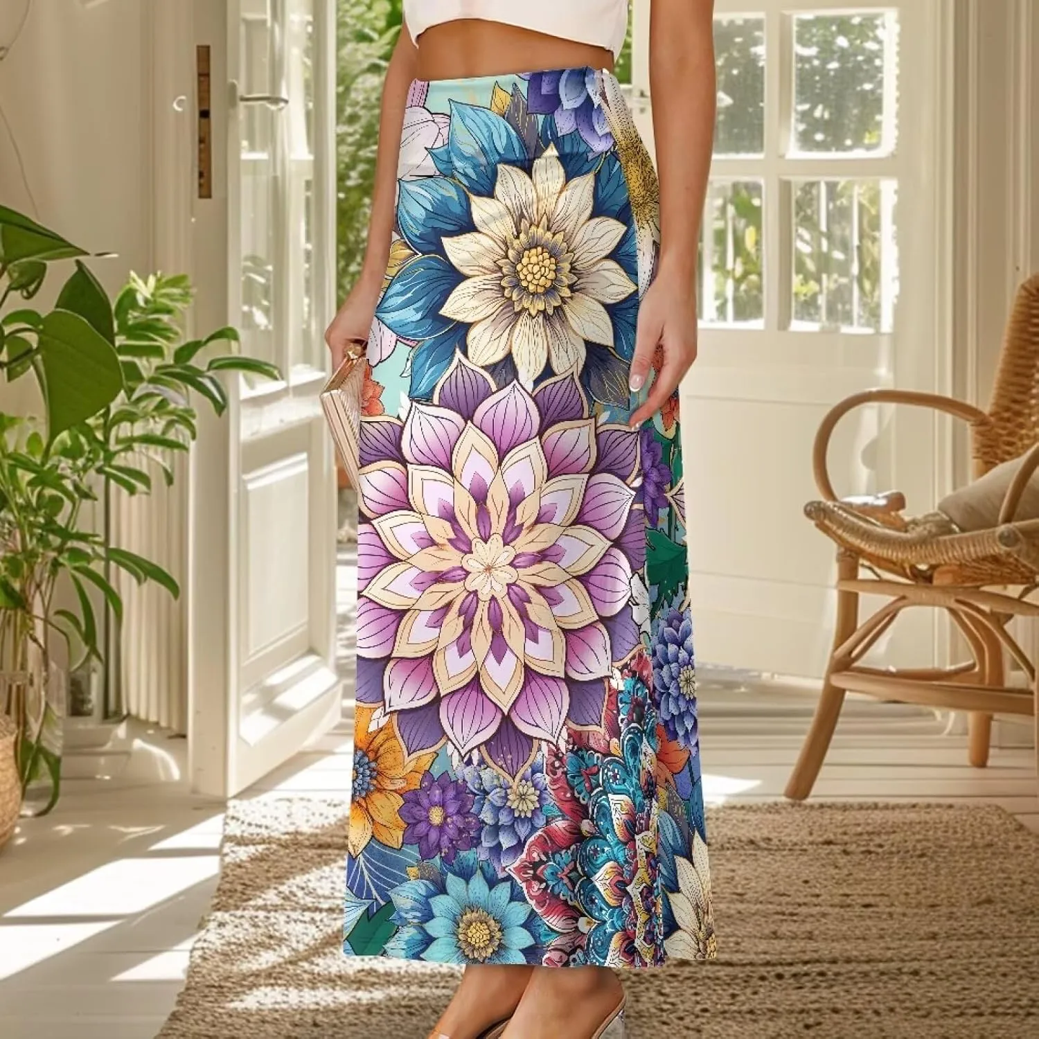 POLERO Vintage Maxi Skirt Women Casual Zipper Swing Midi Skirts High Waist Trendy Outfits