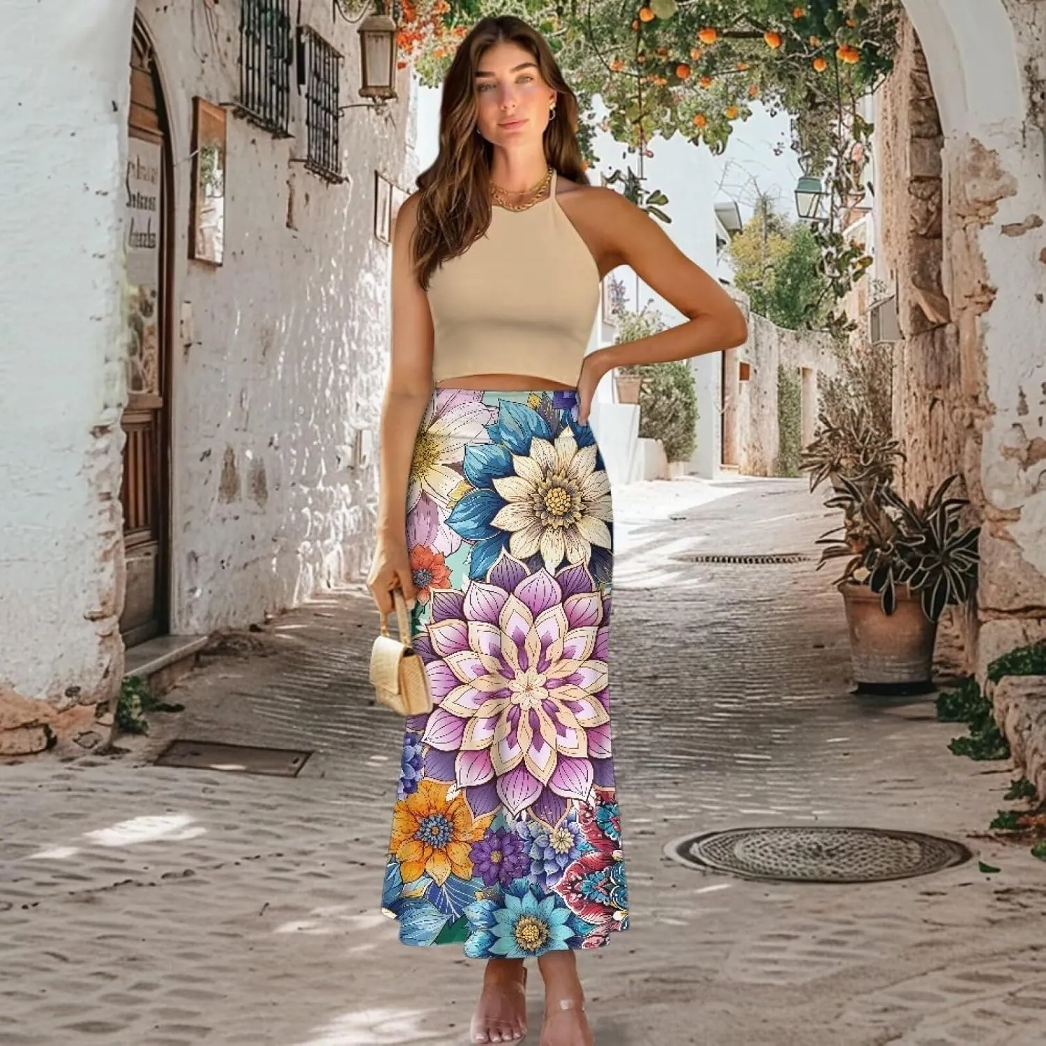 POLERO Vintage Maxi Skirt Women Casual Zipper Swing Midi Skirts High Waist Trendy Outfits