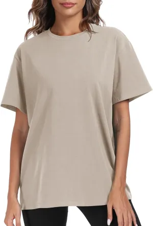 PRIMODA Womens Oversized Short Sleeve T Shirts Trendy Crew Neck Loose Workout Tee Casual Summer Tops Cotton