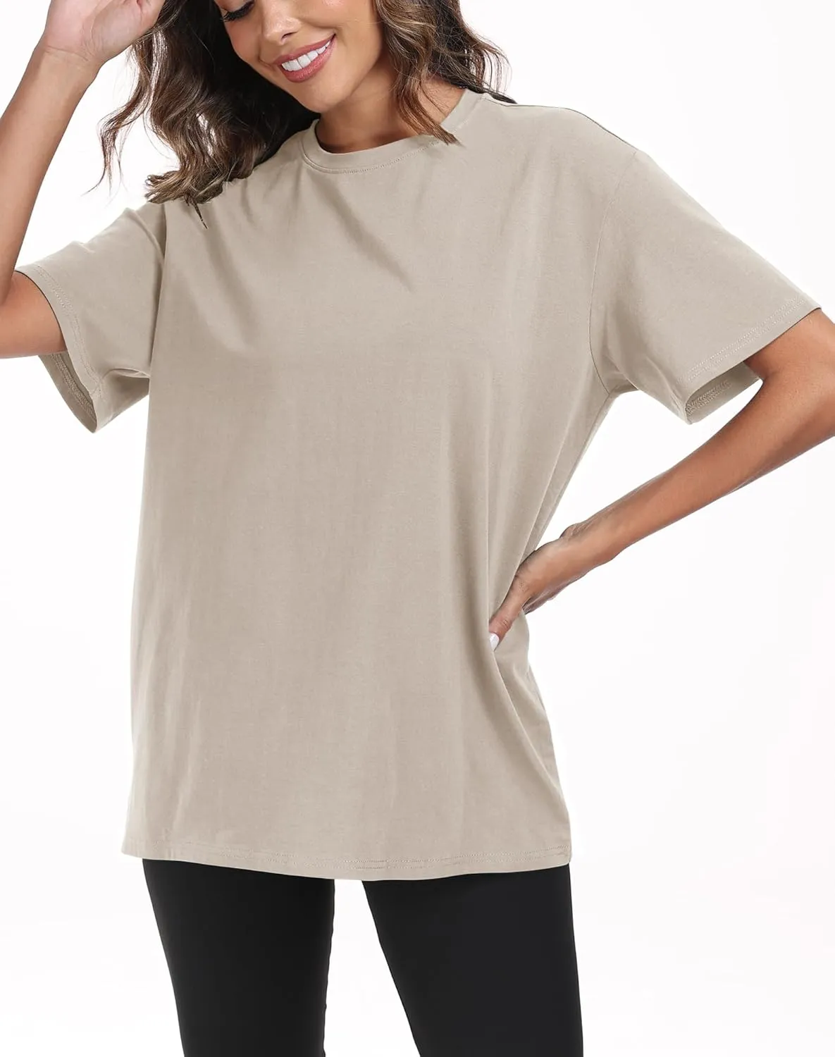 PRIMODA Womens Oversized Short Sleeve T Shirts Trendy Crew Neck Loose Workout Tee Casual Summer Tops Cotton