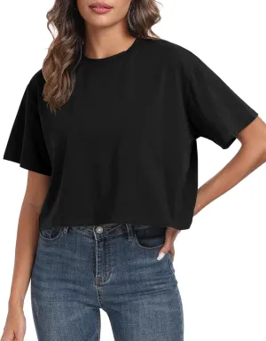 PRIMODA Women's Oversized Workout Cropped T Shirts Crew Neck Short Sleeve Casual Loose Summer Crop Tee Tops Cotton