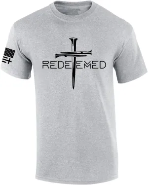 Redeemed Cross Nails Mens Christian American Flag Sleeve T-Shirt Graphic Tee