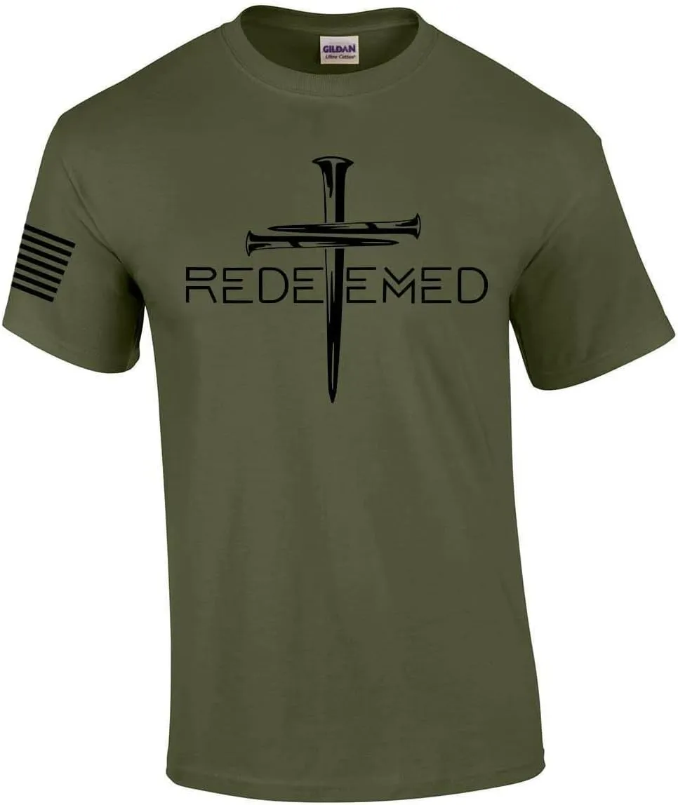 Redeemed Cross Nails Mens Christian American Flag Sleeve T-Shirt Graphic Tee