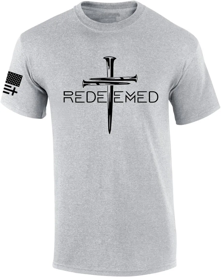 Redeemed Cross Nails Mens Christian American Flag Sleeve T-Shirt Graphic Tee