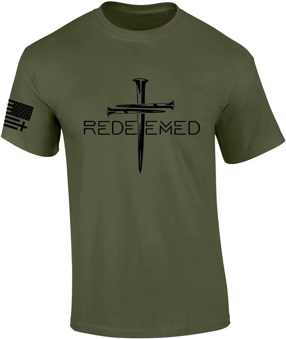Redeemed Cross Nails Mens Christian American Flag Sleeve T-Shirt Graphic Tee