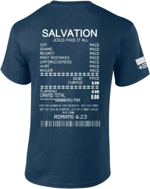 Salvation Jesus Paid It All Receipt Romans 6:23 Bible Scripture Mens Christian Tshirt Jesus Cross Short Sleeve Graphic Tee