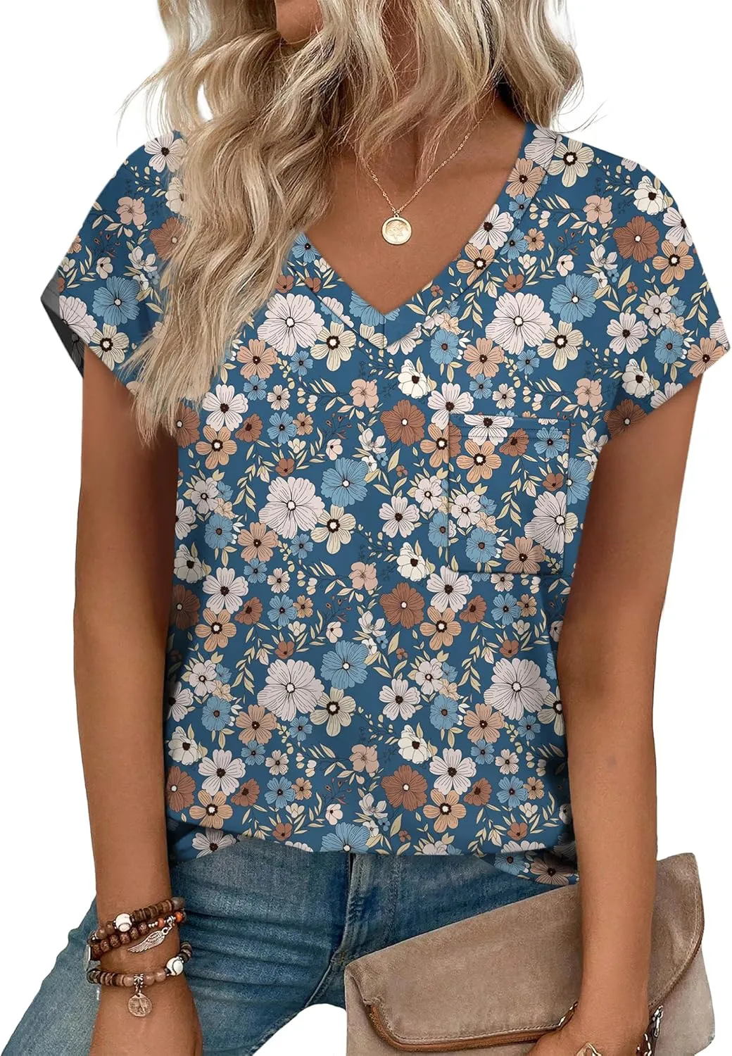 SAMPEEL Womens T Shirts V Neck Cap Short Sleeve Summer Tops Trendy 2025 Loose Casual Tshirts with Pocket