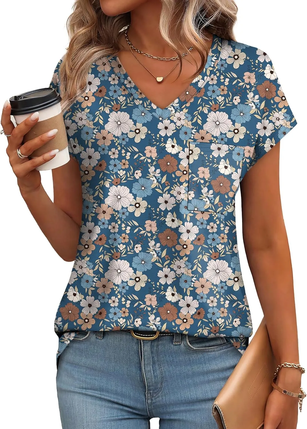 SAMPEEL Womens T Shirts V Neck Cap Short Sleeve Summer Tops Trendy 2025 Loose Casual Tshirts with Pocket