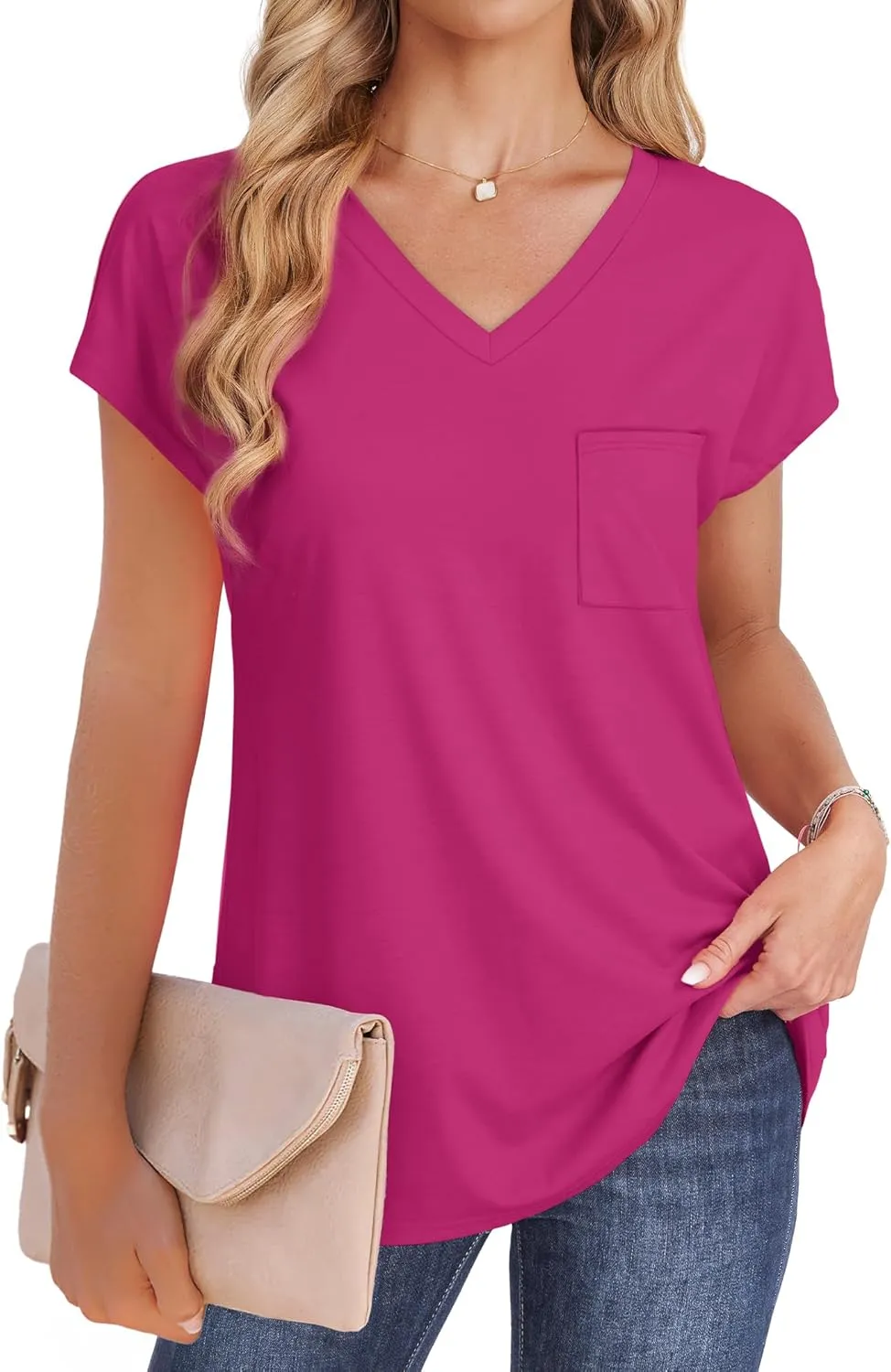 SAMPEEL Womens T Shirts V Neck Cap Short Sleeve Summer Tops Trendy 2025 Loose Casual Tshirts with Pocket