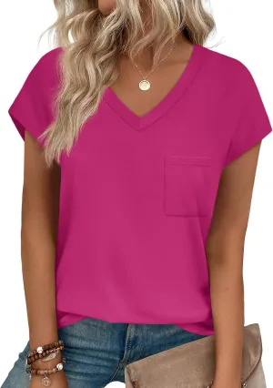 SAMPEEL Womens T Shirts V Neck Cap Short Sleeve Summer Tops Trendy 2025 Loose Casual Tshirts with Pocket