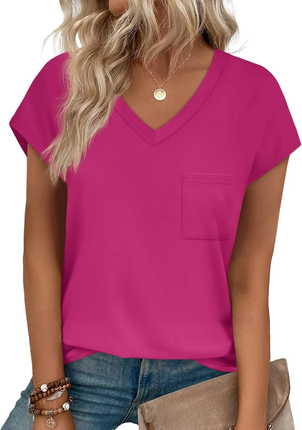 SAMPEEL Womens T Shirts V Neck Cap Short Sleeve Summer Tops Trendy 2025 Loose Casual Tshirts with Pocket
