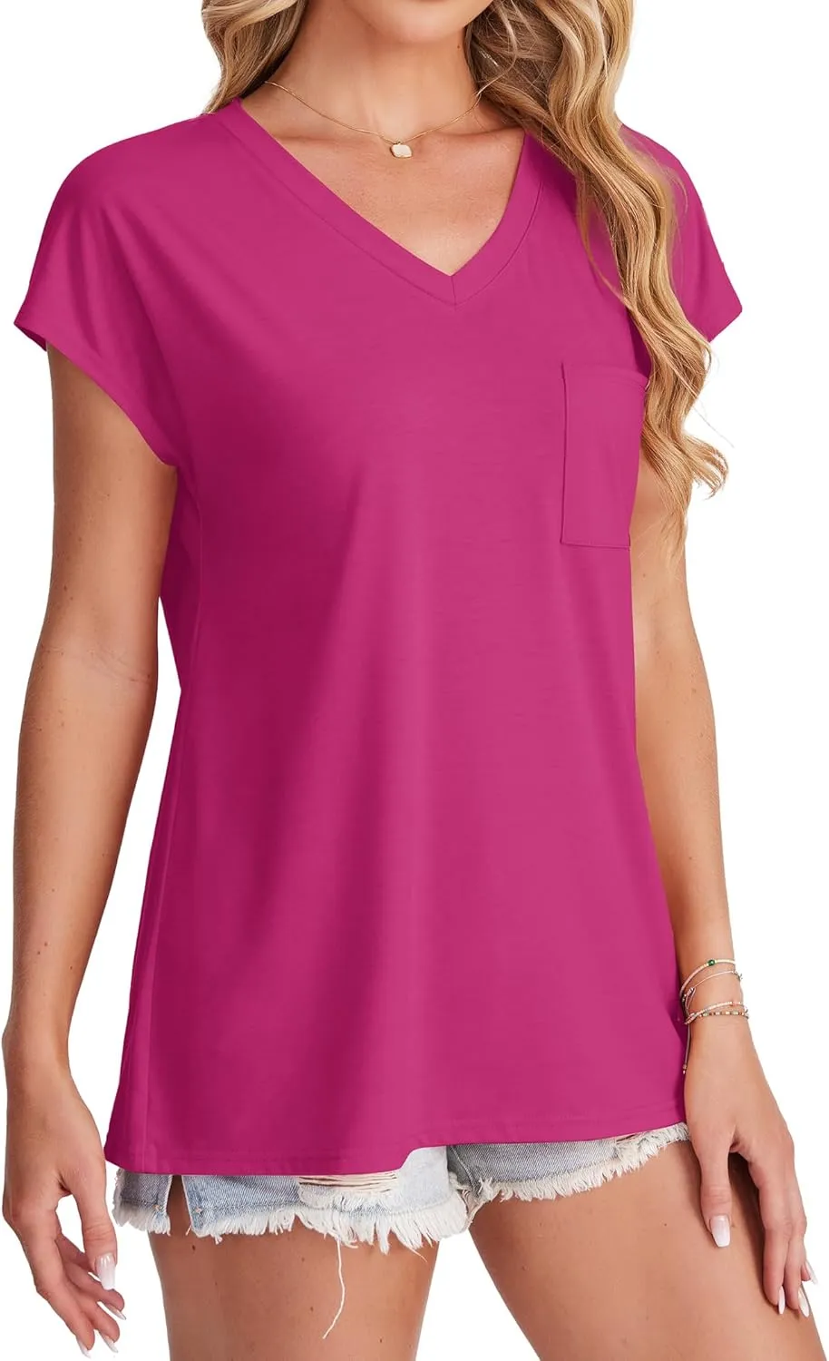SAMPEEL Womens T Shirts V Neck Cap Short Sleeve Summer Tops Trendy 2025 Loose Casual Tshirts with Pocket