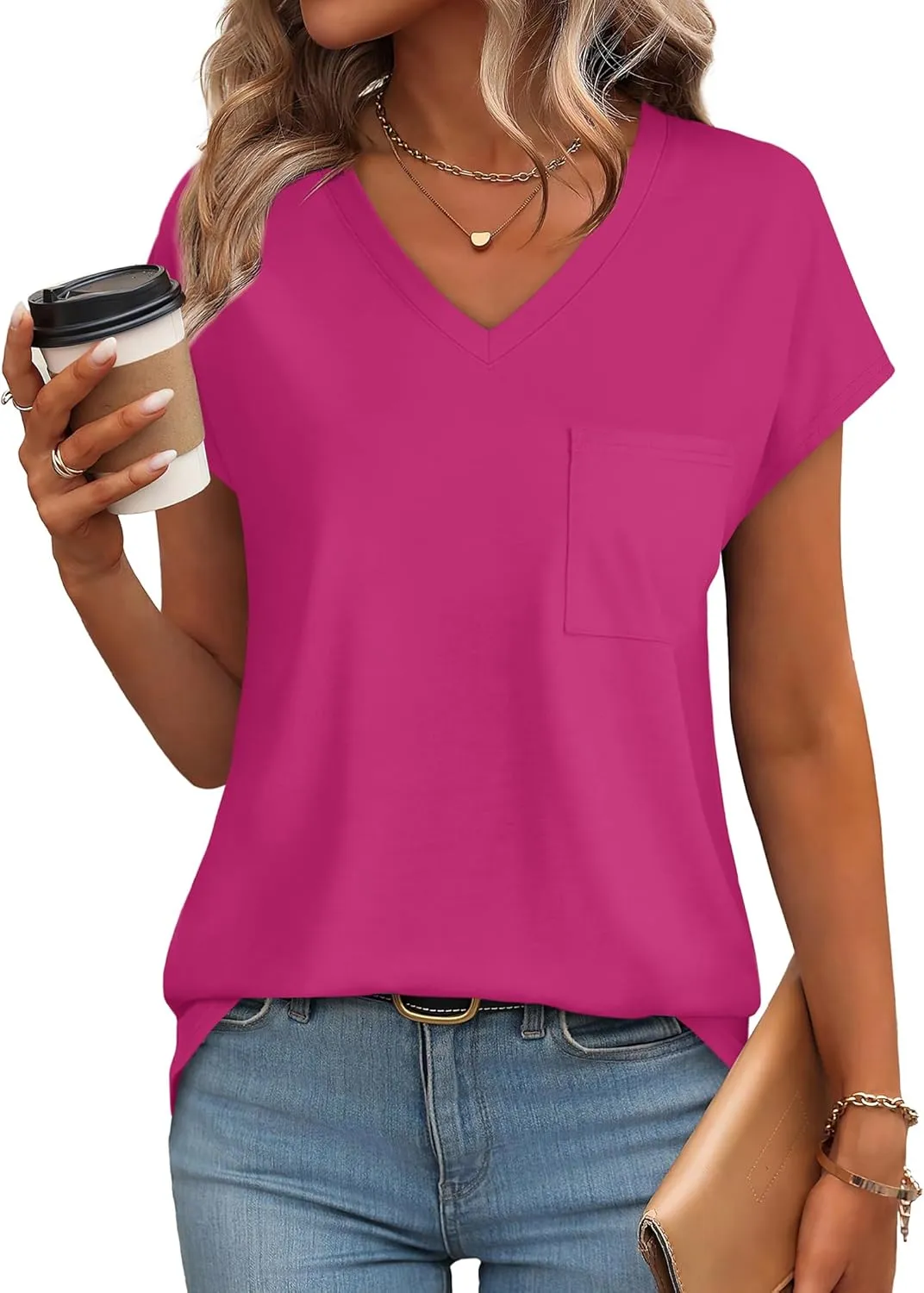 SAMPEEL Womens T Shirts V Neck Cap Short Sleeve Summer Tops Trendy 2025 Loose Casual Tshirts with Pocket