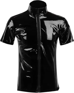 SEAUR Men's Shiny Patent Leather Jacket Casual Slim Fit Leather Muscle Tank Top T-Shirts Nightclub Party Clubwear