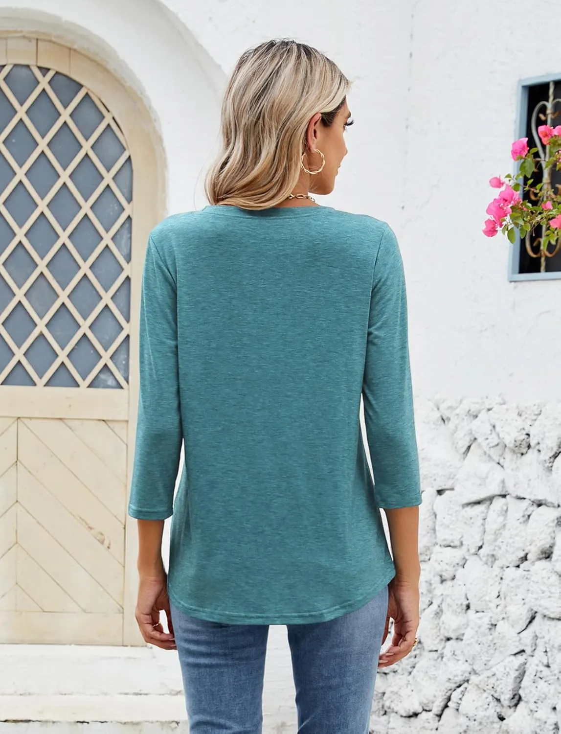 Sherosa Womens Casual 3/4 Sleeve T Shirts Crew Neck Loose Fit Tunic Tops Solid Basic Tops Tees