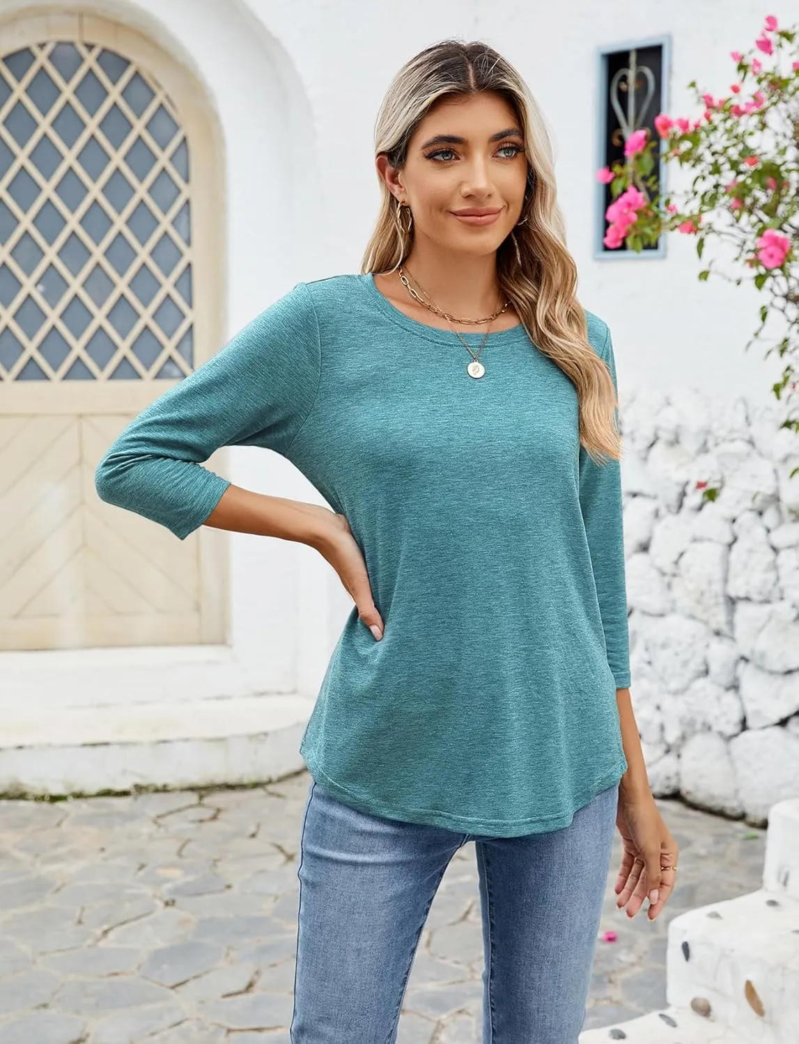 Sherosa Womens Casual 3/4 Sleeve T Shirts Crew Neck Loose Fit Tunic Tops Solid Basic Tops Tees