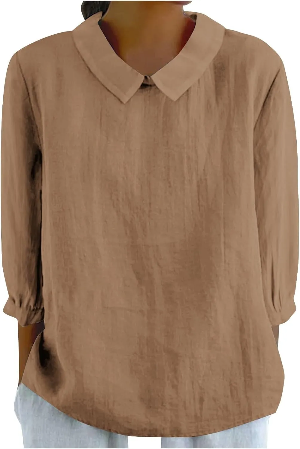 Shirts for Women Peter Pan Collar Neck 3/4 Sleeve Blouses Casual Loose Fit T Shirt Solid Color Plain Petite Tops