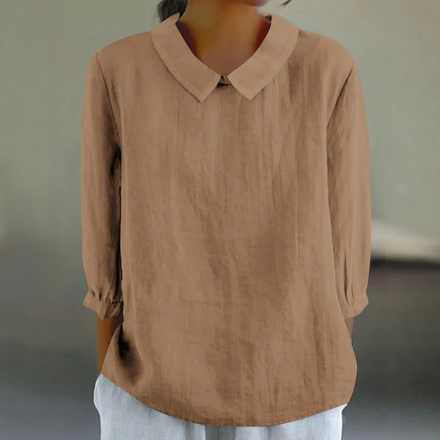 Shirts for Women Peter Pan Collar Neck 3/4 Sleeve Blouses Casual Loose Fit T Shirt Solid Color Plain Petite Tops