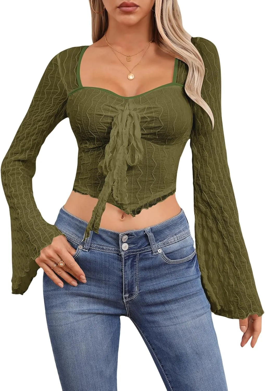 SOLY HUX Women's Long Bell Sleeve Tops Mesh Sweetheart Neck Going Out Crop Top Casual Asymmetrical T Shirts Tees