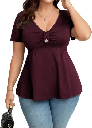 SOLY HUX Women's Plus Size Peplum Tops Casual Ruched Ruffle V Neck Short Sleeve T Shirts Cute Tees